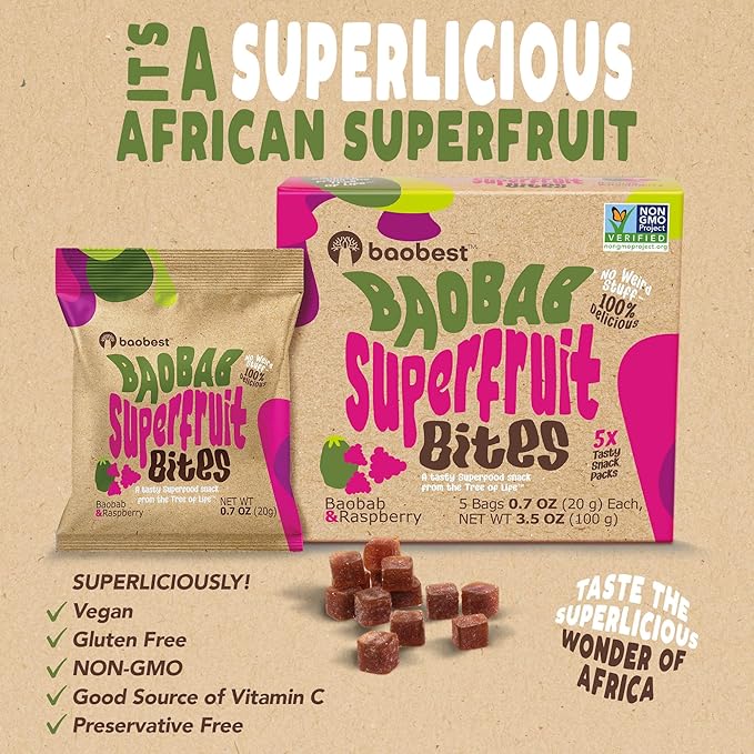Baobest Superfruit Bites - Baobab Chews Mango Fruit Snack Pack - Vegan, Gluten Free, Preservative Free, Palm Oil Free, High Vitamin C Superfood Snack from The Tree of Life - 30 Servings