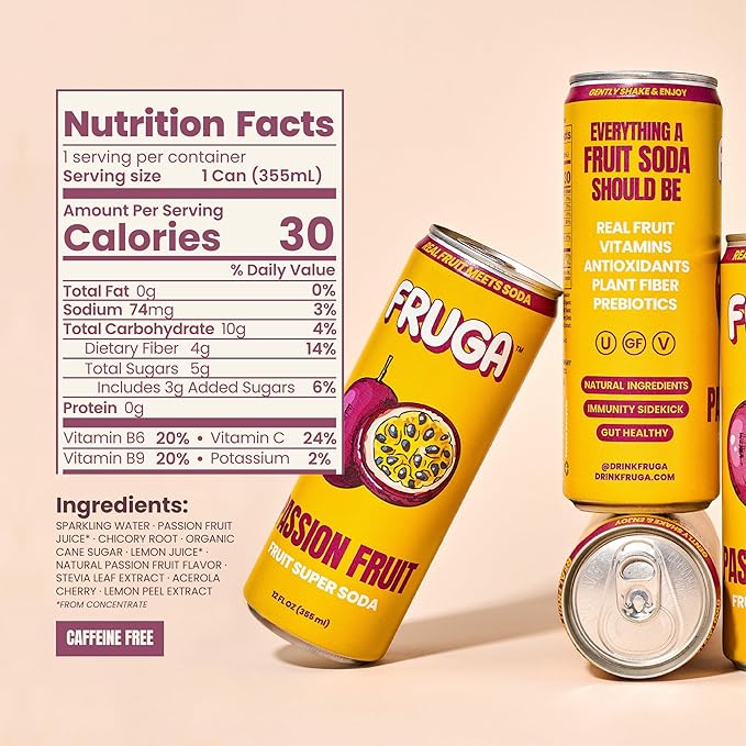 FRUGA Passion Fruit Sparkling Fruit Super Soda | Prebiotic Soda Drink, Low Calorie, Healthy Soda Benefits and Vitamin Boost - 12 Fl Oz (Pack of 12)