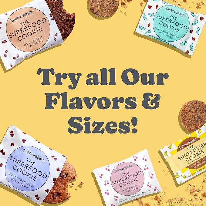 Love + Chew Superfood Soft Baked Vegan Cookies, Gluten Free, 7g Plant Based Protein Cookie, Healthy Snacks for Adults and Kids, Refined Sugar Free, Individually Wrapped Cookies, Banana Bread, 10 Pack