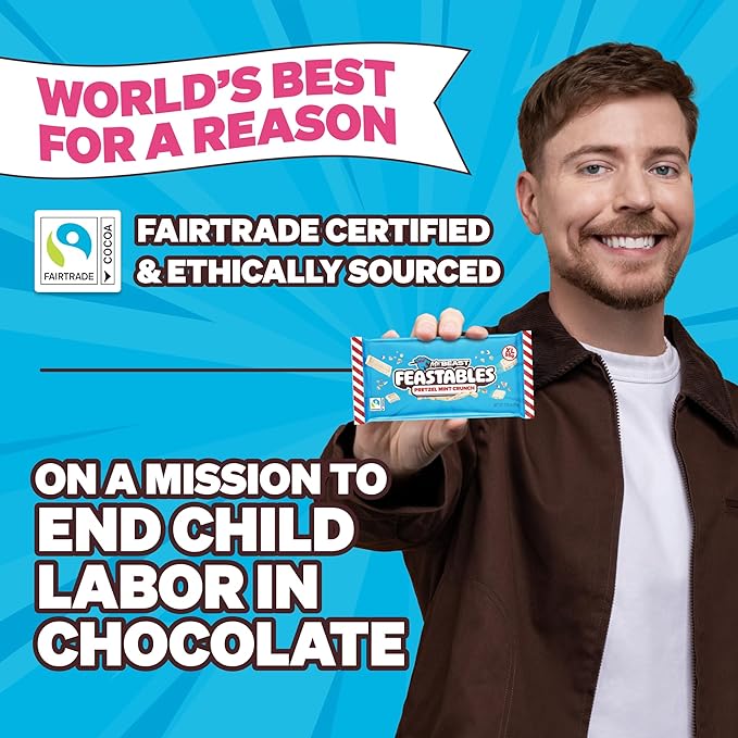 Feastables MrBeast Pretzel Mint Fudge Crunch Bar, Extra Large Size Candy Bar for Adults & Kids, Candy Bars for Snacks, Gifts, or Dessert, Made With Fairtrade Cocoa, 3.35 Oz Each, 12 Count