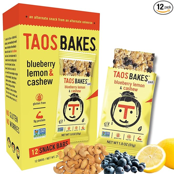 Taos Bakes - Blueberry Lemon + Cashew Coconut - Breakfast Bar - Gluten Free, Non-GMO, Healthy Granola Bars - Filled with Cashews, Wild Blueberries, Coconut Flakes, & Chia Seeds - 12 Pack, 1.8oz ea