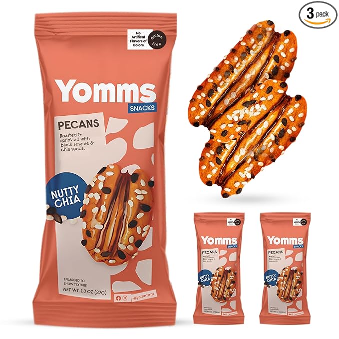 Yomms Nutty Chia Glazed Whole Pecan Halves, 3.9 oz (3 Pack), Gluten-Free & Non-GMO Healthy Dessert Snacks – Low Sugar Chia Seed & Crunchy Candied Nut Pouches – Gourmet Roasted Snacking Pecans – 1.3oz Individual Bags