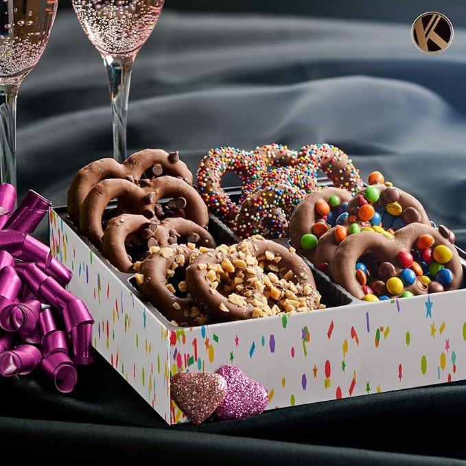 KREMERY Creamy Chocolate Cravings - Valentines Day Chocolate Covered Pretzel Twists Gift Basket, in Confetti Gift Box (12 Pretzels, Assorted Sweet Toppings) Sweet Treats Food Arrangement, Kosher