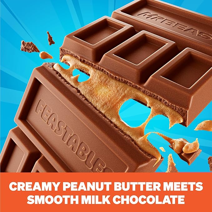 Feastables MrBeast Peanut Butter Milk Chocolate Chocolate Bar, King Size Candy Bar for Adults & Kids, Candy Bars for Snacks, Gifts, & Dessert, Sweet & Creamy Fairtrade Cocoa, 2.1 Oz Each, 10 Count