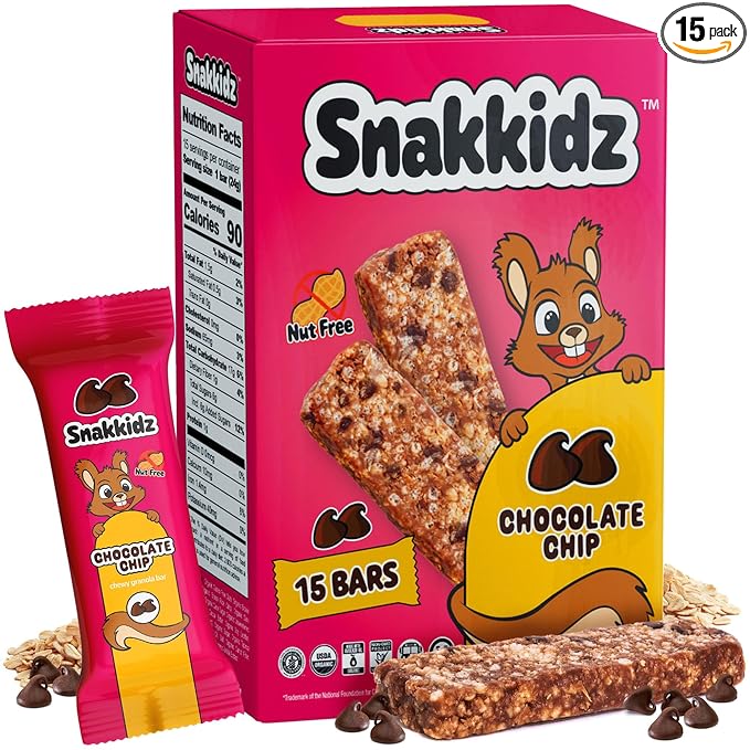 Snakkidz Organic Chewy Granola Bars for Kids, Allergen-Free, Nut-Free, Gluten-Free, Low Sugar Snack Bars Made with Avocado Oil, Individually Wrapped, School Lunch Snacks, Bulk Pack of 15, Chocolate Chip