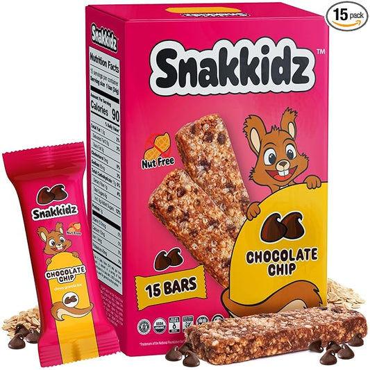 Snakkidz Organic Chewy Granola Bars for Kids, Allergen-Free, Nut-Free, Gluten-Free, Low Sugar Snack Bars Made with Avocado Oil, Individually Wrapped, School Lunch Snacks, Bulk Pack of 15, Chocolate Chip