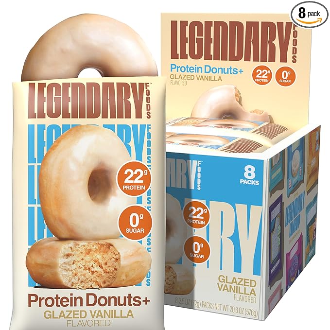 Legendary Foods Protein Donuts - 22g Protein, Glazed Vanilla, Zero Sugar Snack, Gluten Conscious, Low Carb, Keto Suitable, Diabetic and GLP-1 Diets - 8 Pack with Two Donuts per pack