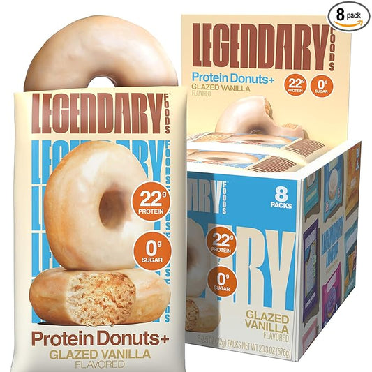 Legendary Foods Protein Donuts - 22g Protein, Glazed Vanilla, Zero Sugar Snack, Gluten Conscious, Low Carb, Keto Suitable, Diabetic and GLP-1 Diets - 8 Pack with Two Donuts per pack