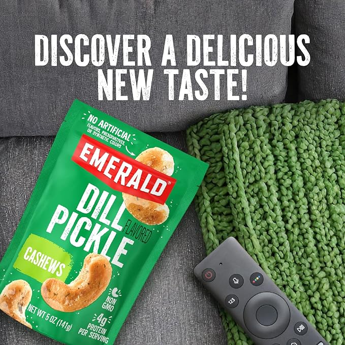 Emerald Nuts Dill Pickle Seasoned Cashews (1-Pack), 5oz Resealable Bag, Non-GMO, Contains No Artificial Preservatives, Flavors or Synthetic Colors