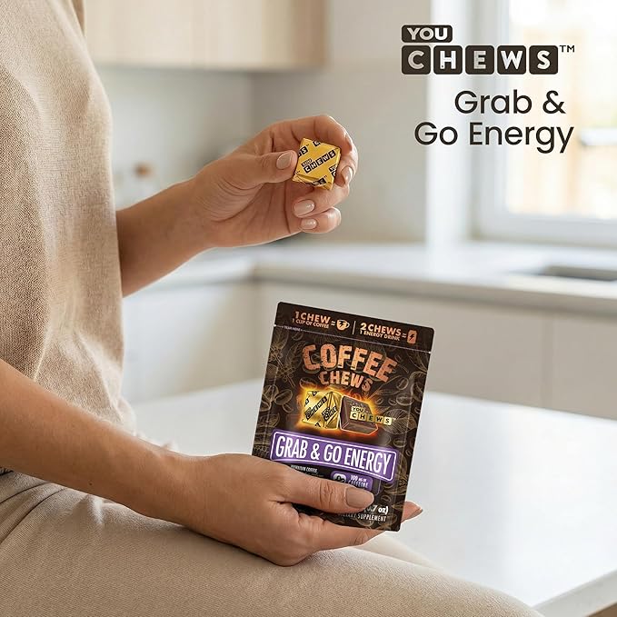 YouChews Coffee Chews - Grab & Go Energy with 100mg per Chew of Clean, Green Caffeine. With Real Organic Ingredients, Low Sugar, Great Bold Taste & Long Lasting Energy Boost (4 Counts)