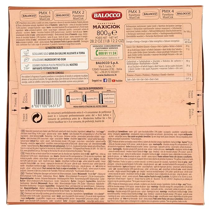 Balocco: "MaxiCiok" Panettone with Dark and White Chocolate Cream 28.21 Ounces (800g) Package [ Italian Import ]