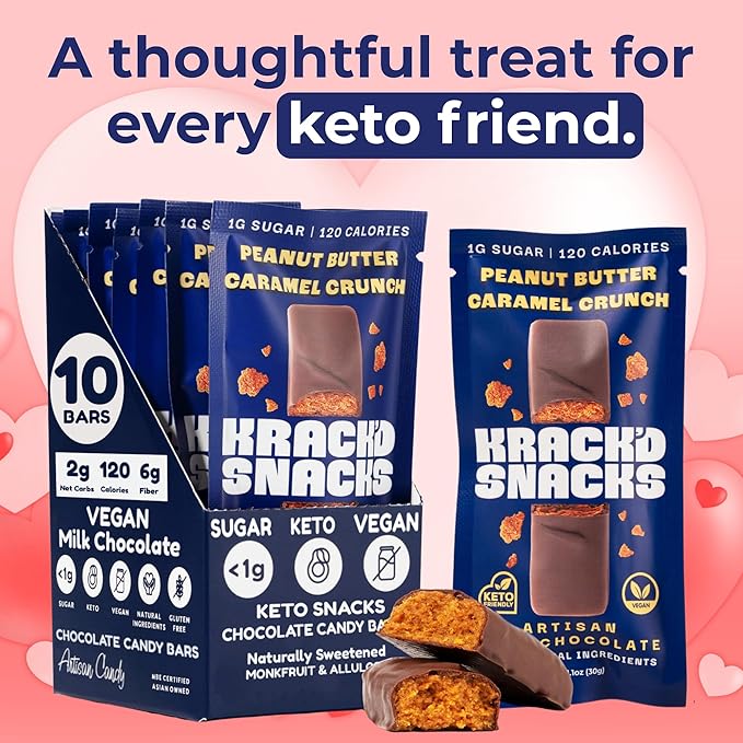 Krack’d Snacks Keto Milk Chocolate Candy Bars (10 Pcs.) Low Carb, Vegan, Sugar Free Keto Bar with Peanut Butter Caramel Crunch Toffee & Allulose | Gut Friendly, Non GMO, Gluten Free Keto Snack