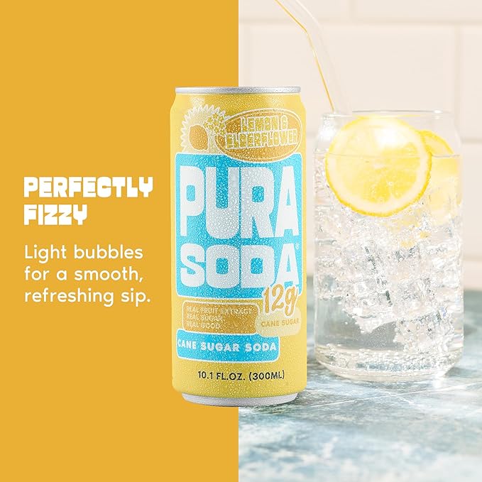PuraSoda® Lemon & Elderflower | Low-Calorie, Cane Sugar Soda Beverage | Non-GMO, Vegan | Made with Pure Cane Sugar, Clean & Refreshing | 10.1 fl oz (300ml) Cans, Pack of 24