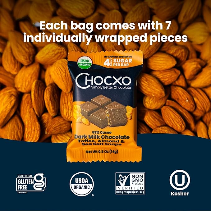Chocxo Dark Milk Chocolate Toffee, Almond & Sea Salt Snaps - Lower Sugar, 69% Organic Cacao, NonGMO, Keto, Gluten Free, Kosher. No Artificial Sweeteners/Sugar Alcohols, 3.45 oz (Pack of 6)