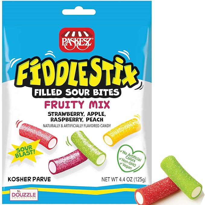 DOUzzle Valentines Day Sweet Treats, Fiddlestix Filled Sour Bites, Oh-So-Strawberry Chewy Licorice Candy (Pack of 1) No Artificial Flavors or Colors, Non-GMO, Vegan - Kosher Parve