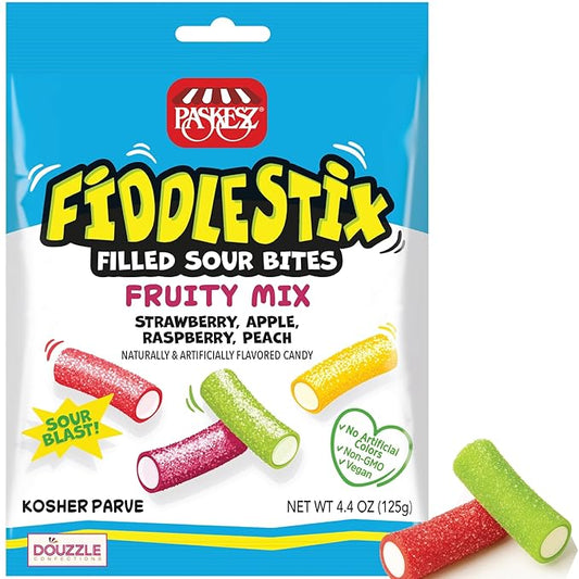 DOUzzle Valentines Day Sweet Treats, Fiddlestix Filled Sour Bites, Oh-So-Strawberry Chewy Licorice Candy (Pack of 1) No Artificial Flavors or Colors, Non-GMO, Vegan - Kosher Parve