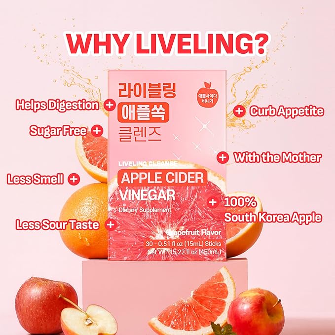 [Liveling] Apple Cider Vinegar Drink Stick & 3-in-1 Shot – Grapefruit Flavor | Supports Digestion, Daily Cleanse, Sugar-Free, Low-Calorie, Portable On-The-Go Packets (30 sticks)