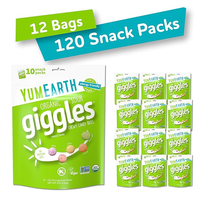 YumEarth Organic Sour Giggles Chewy Candy – Allergy Friendly, No Artificial Dyes, Non GMO, Gluten Free, Sour Fruit Flavored, Vegan Candy Snacks 0.5 oz (Pack of 120)