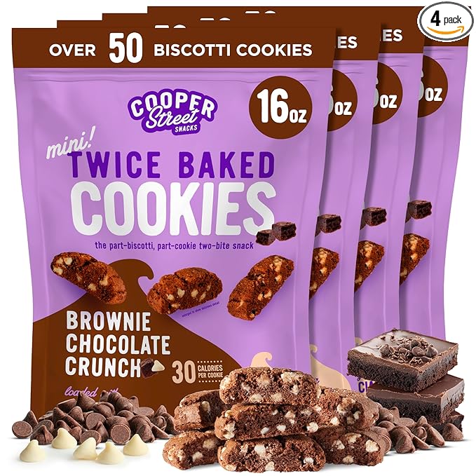 Cooper Street Twice-Baked Brownie Chocolate Biscotti Cookies (16oz each, Pack of 4) - 50 Two-Bite Mini Italian Style Snacks - Dairy-Free, Peanut Free, Kosher, Low-Calorie, Perfect with Coffee or Tea
