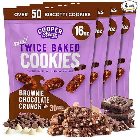 Cooper Street Twice-Baked Brownie Chocolate Biscotti Cookies (16oz each, Pack of 4) - 50 Two-Bite Mini Italian Style Snacks - Dairy-Free, Peanut Free, Kosher, Low-Calorie, Perfect with Coffee or Tea