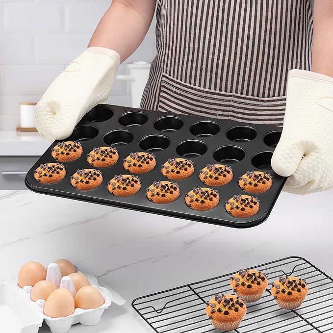 E-far 24-Cup Mini Muffin Pan - 3 Pack Nonstick Carbon Steel Cupcake Tin Tray for Little Bites & Freezer Prep | Warp-Free Bakeware Ensures Even Baking & Effortless Release, Regular Size & Oven Safe