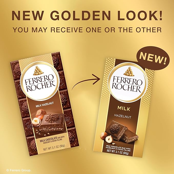 Ferrero Rocher Milk Chocolate Hazelnut Bar, with Cocoa Filling , Valentine's Day Chocolate Gift, 8 Pack, 3.1oz Each