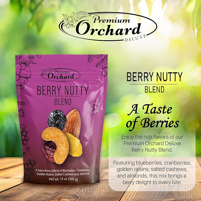 PREMIUM ORCHARD Berry Nutty Blend - Deluxe Mixed Nuts with Dried Cranberries, Golden Raisins, Blueberries | Healthy Trail Mix with Nuts, Mixed Berries