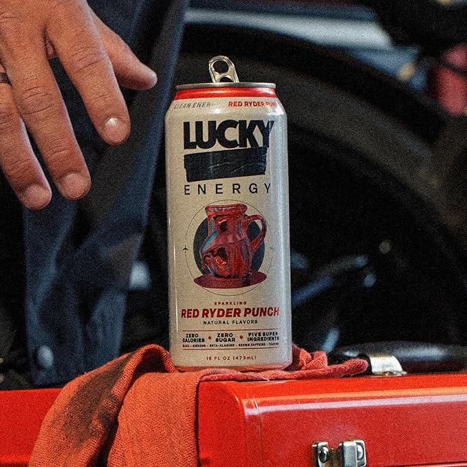 Lucky Energy Sugar Free Energy Drinks, Red Ryder Punch, 16oz Cans (12-Pack) Healthy, Zero Sugar Energy Drink with Maca, Ginseng, Beta-Alanine, Taurine & 200mg Caffeine