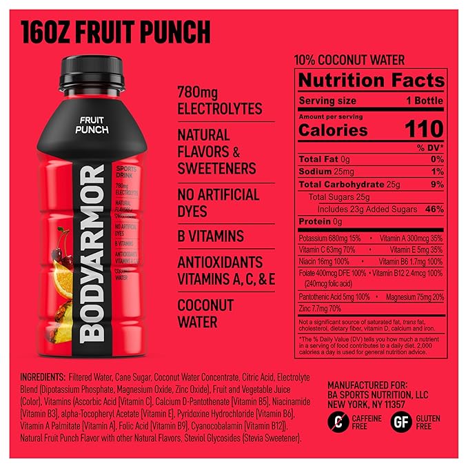BODYARMOR Sports Drink, Fruit Punch, Electrolyte Drink Hydration, 16 Fl Oz Bottles (12 Pack), Flavored Coconut Water with B Vitamins & Antioxidants