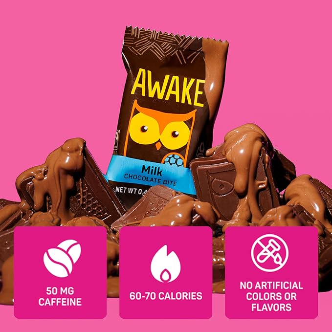 AWAKE - Caffeinated Chocolate Bites - 50mg Caffeine per bite - Bite Me, Baby! Variety Pack (3 Flavors), 50 Count, 0.48oz each - Peanut Butter, Milk, & Caramel - Coffee Alternative - Fairtrade, Gluten Free, Non GMO