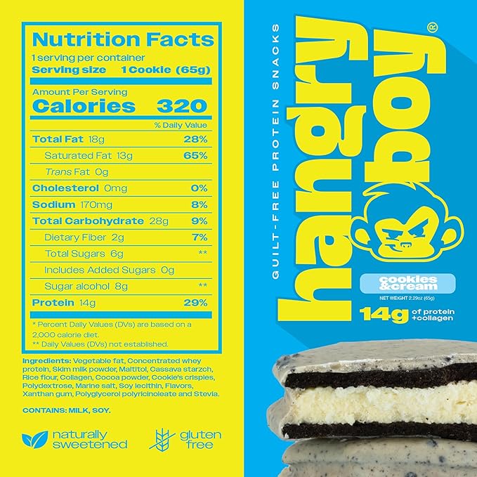 Hangryboy Protein Cookie Sandwich – 14g High Protein, Gluten‑Free, GMO‑Free Cookies - Perfect on The Go Protein Snack, Cookies and Cream, 12‑Count Box