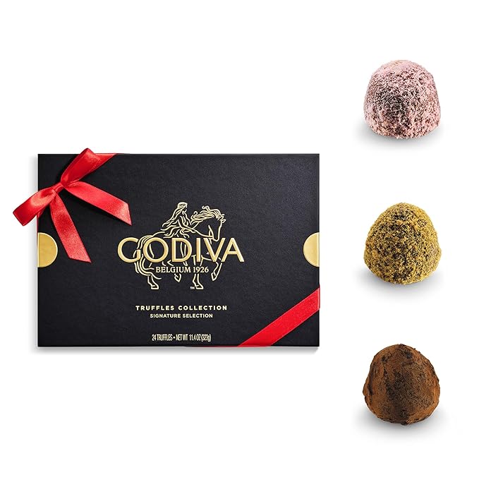 Godiva Red Ribbon Signature Truffle Gift Box, Belgian Dark and Milk Chocolates with Ganache Centers, Gourmet Valentine's Day Gift, Kosher, 24 Pc