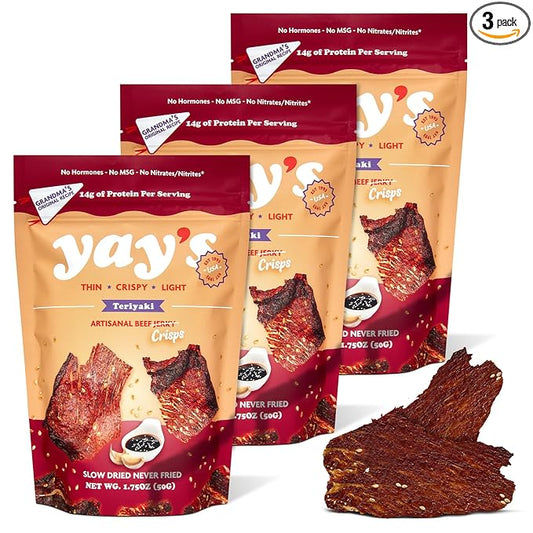 Yay's Snacks Sweet and Spicy Beef Jerky Crisps | High Protein Teriyaki Snack | Crispy, Crunchy, Non-GMO, Gluten-Free Meat Snack | 28G Protein Per Bag, Made in USA - 3 Pack (1.75 Oz)