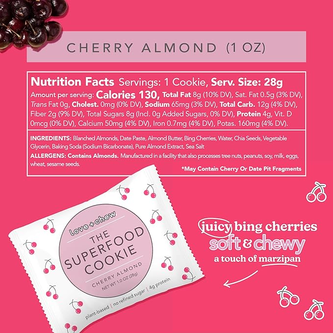 Love + Chew Mini Vegan Cookies, Gluten Free, 3g Plant Based Protein Per Cookie, Healthy Snacks for Adults and Kids, Refined Sugar Free, Individually Wrapped Cookies, Cherry Almond, 18 Pack