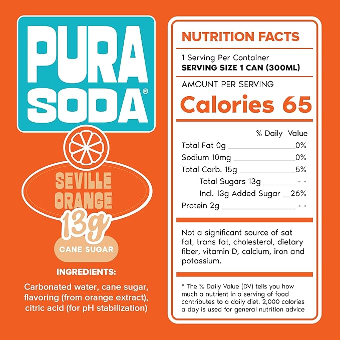 PuraSoda® Seville Orange | Low-Calorie, Cane Sugar Soda, Beverage | Non-GMO, Vegan | Made with Pure Cane Sugar, Clean & Refreshing | 10.1 fl oz (300ml) Cans, Pack of 24