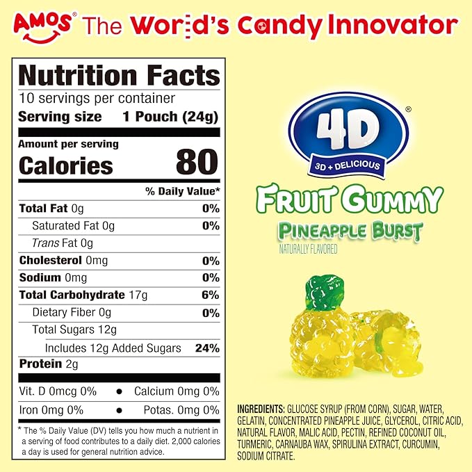 AMOS 4D Gummy Candy Pineapple Burst – 3D Pineapple Shaped, Jelly-Filled, Natural Flavor Fruit Gummy – 240g Box (Pack of 10) – Fruit-Filled Gummy Treats for Kids and Adults