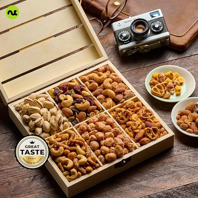 NUT CRAVINGS - Valentines Day Mixed Nuts Gift Basket in Reusable Wooden Crate (12 Assortments) Treats for Adults, Food Arrangement, Healthy Snack Care Package, Kosher