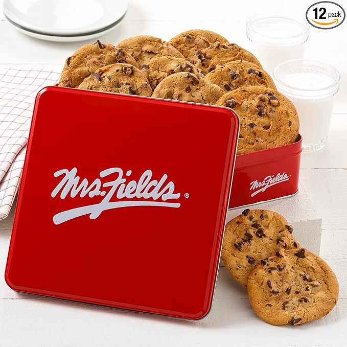 Mrs. Fields Dozen Semi-Sweet Chocolate Chip Original Cookie Signature Tin - Assorted with 12 Original Sized Cookies