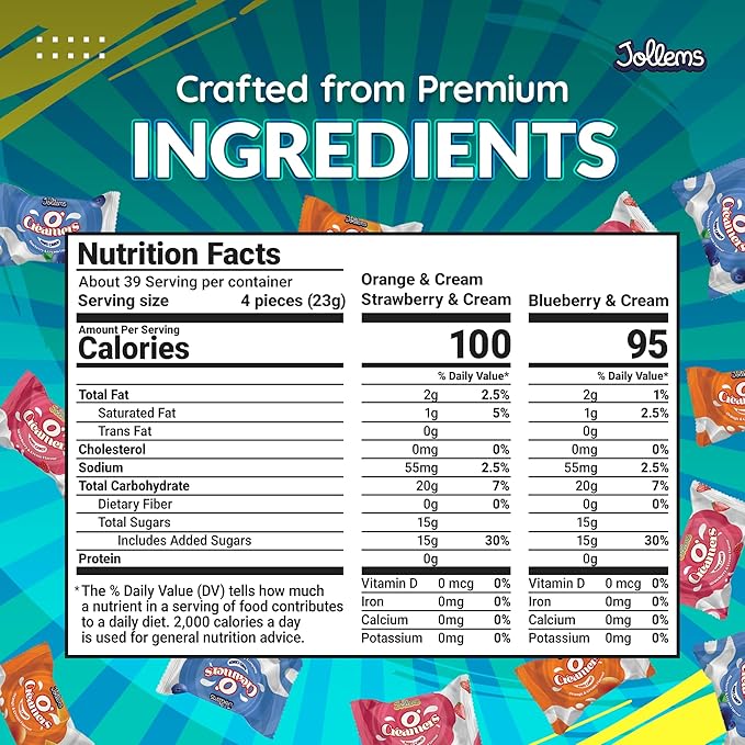 Jollems O’ Creamers Assorted Fruit & Cream Flavored Hard Candy | Individually Wrapped | 2 Pound Bulk Bag