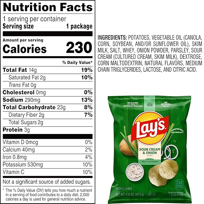 Lay's Potato Chips, Sour Cream & Onion, 1.5 Ounce (Pack of 64)