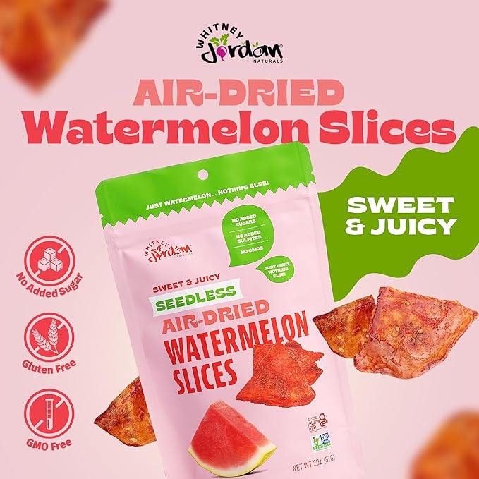 Whitney Jordan Naturals Air-Dried Watermelon Slices 2 Oz, Pack of 10 - Dried Fruit Snack Made from Real Watermelon - No Sugar Added, Gluten-Free, Vegan, Chewy Fruit for Healthy Snacking On-the-Go
