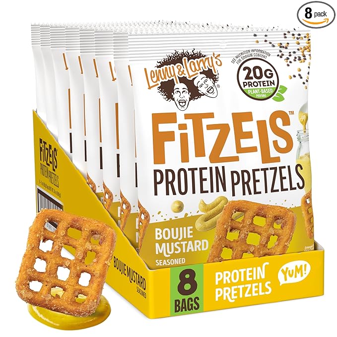 Lenny & Larry's Boujie Mustard FITZELS- Savory Pretzel Snacks Incredibly Tasty, High Protein, Salty, Vegan, 20 g's of Plant Based Protein 8 (eight) Bags, 3 oz Each