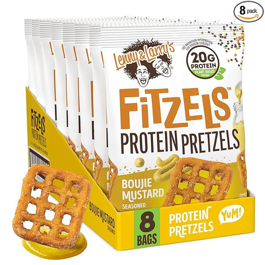 Lenny & Larry's Boujie Mustard FITZELS- Savory Pretzel Snacks Incredibly Tasty, High Protein, Salty, Vegan, 20 g's of Plant Based Protein 8 (eight) Bags, 3 oz Each