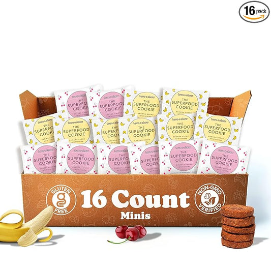 Love + Chew Superfood Soft Baked MINI Cookies, Banana Bread & Cherry Almond, Plant Based Cookie With Almonds, Fruit, & Chia Seeds for Kids & Adults, Vegan Snacks, Gluten Free, Paleo, Non GMO, 16 Pack