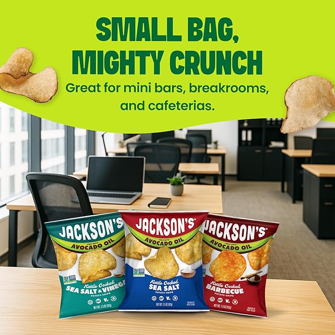 Jackson’s Classic Kettle Potato Chips (Variety Pack, 1.5 oz, Pack of 18) - Made with Premium Avocado Oil, Sea Salt, Salt & Vinegar and BBQ Flavors - Allergen-friendly, Gluten Free, Vegan