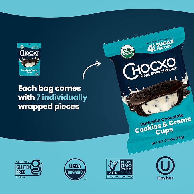 Chocxo Dark Milk Chocolate Cookies & Crème Cups - Lower Sugar, 69% Organic Cacao, NonGMO, Keto, Gluten Free, Kosher, No Artificial Sweeteners/Sugar Alcohols, 3.45 oz (Pack of 6)