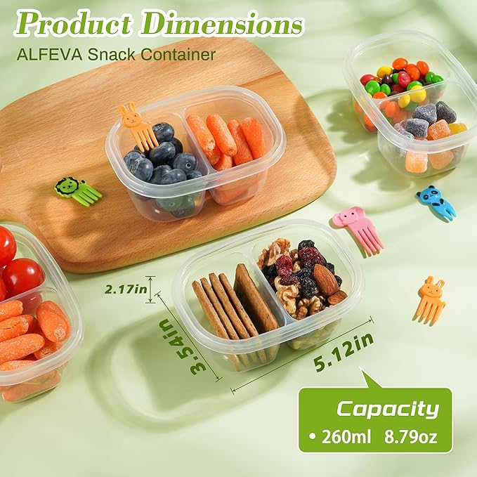 20pcs Reusable Snack Containers with Lids,Double Compartment Snack Containers for kids adults, 10 Cute Forks，Bento Box-Lightweight and stackable, Microwave, refrigerator safe (4 Color)