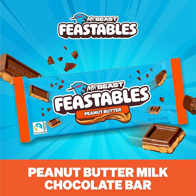 Feastables MrBeast Peanut Butter Milk Chocolate Chocolate Bar, King Size Candy Bar for Adults & Kids, Candy Bars for Snacks, Gifts, & Dessert, Sweet & Creamy Fairtrade Cocoa, 2.1 Oz Each, 10 Count