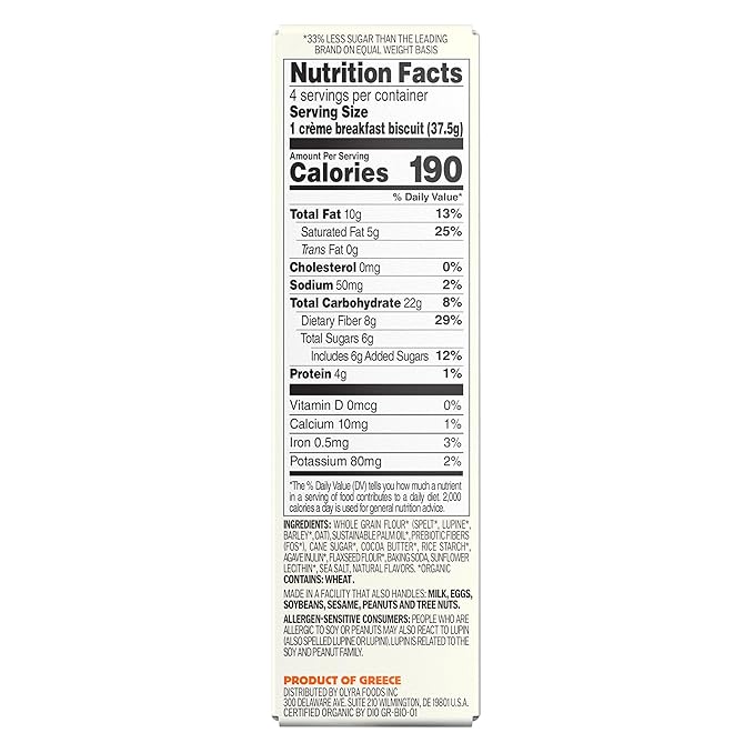 Olyra Vanilla Sandwich Breakfast Biscuits, Healthy Snacks for Adults and Kids, Low Sugar, High Fiber, Vegan Organic Cookies, with Ancient Greek Grains, USDA Certified Organic, Non GMO, 12 Packs