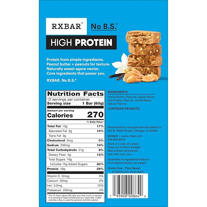 RXBAR High Protein Bars, Gluten Free, Protein Snacks, Vanilla Peanut Butter, 25.3oz Box (12 Bars)